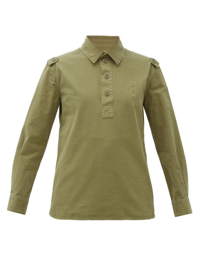 Saint Laurent Half-button Distressed Cotton Work Shirt In Army Green