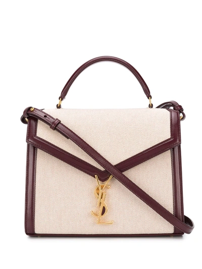 Saint Laurent Cassandra Leather-trimmed Canvas Shoulder Bag In Beige,gold Tone,white