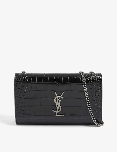 Saint Laurent Kate Small Monogram Croc-embossed Leather Shoulder Bag In Black Gunmetal
