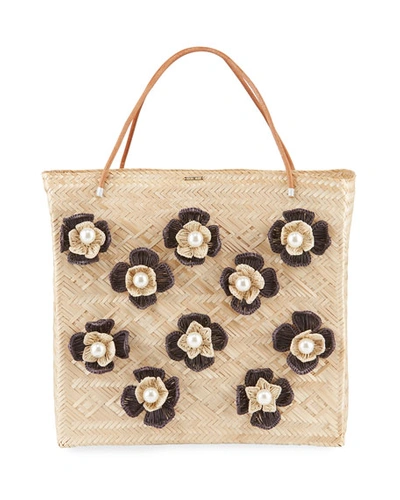 Mercedes Salazar Tropics Flower Embellished Tote Bag In Beige