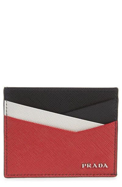 Prada Saffiano Cross Leather Card Case In Nero/ Fuoco