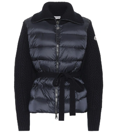 Moncler Quilted Down Front Belted Wool & Cashmere Cardigan In Blue