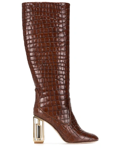 Tory Burch Women's Jessa Croc-embossed High-heel Tall Boots In Brown