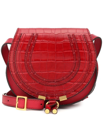 Chloé Marcie Small Croc-embossed Round Crossbody In Dusky Red/gold