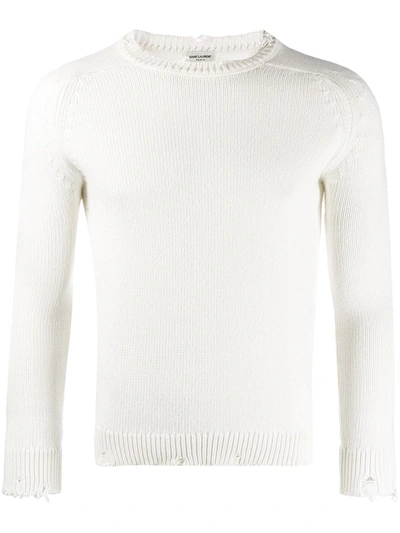 Saint Laurent Distressed-effect Crew Neck Jumper In Neutrals