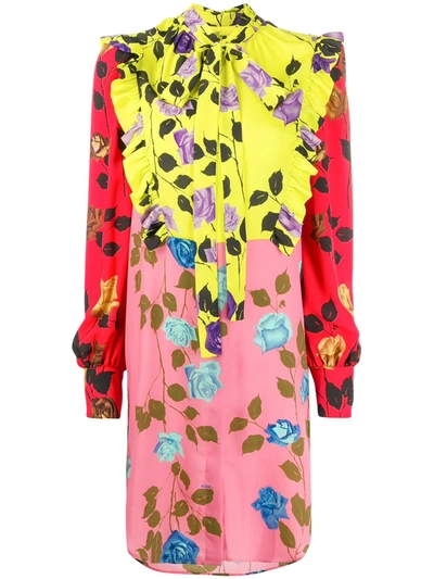 Msgm Colour-block Rose Print Dress In Pink