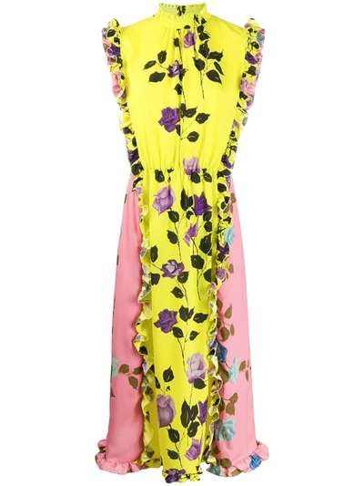 Msgm Colour-block Rose Print Dress In Yellow