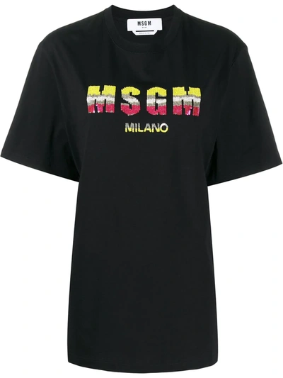 Msgm Sequined Logo T-shirt In Black