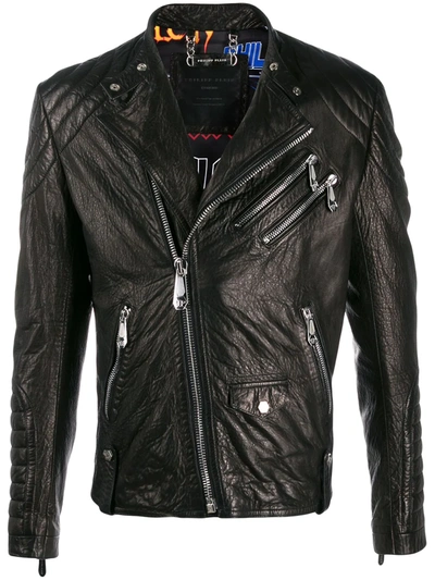 Philipp Plein Embellished Leather Biker Jacket In Black