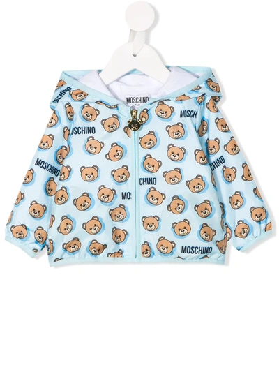 Moschino Babies' Hooded Teddy Print Jacket In Blue