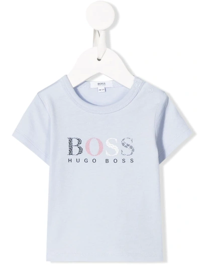 Hugo Boss Babies' Patterned Logo Printed T-shirt In Blue
