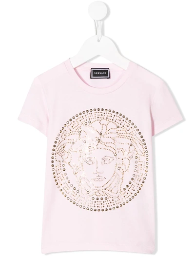 Young Versace Kids' Studded Logo Embellished T-shirt In Pink