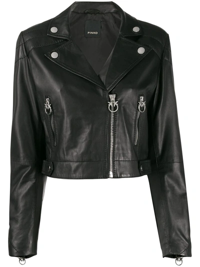 Pinko Cropped Leather Biker Jacket In Black