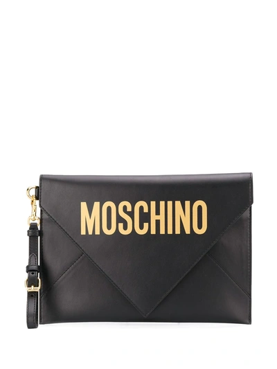 Moschino Logo Print Envelope Clutch In Black