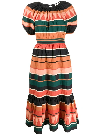 Ulla Johnson Ayta Fluted Striped Cotton-poplin Midi Dress In Brown