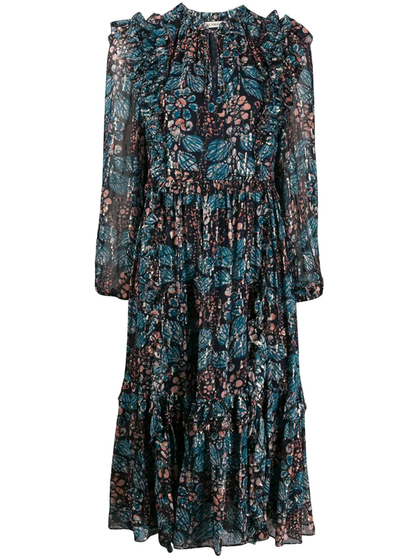 Ulla Johnson Long Sleeve Ruffled Floral Print Dress In Blue | ModeSens
