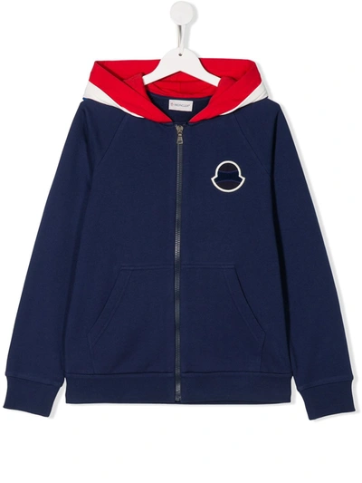 Moncler Teen Colour Blocked Zipped Hoodie In Blue