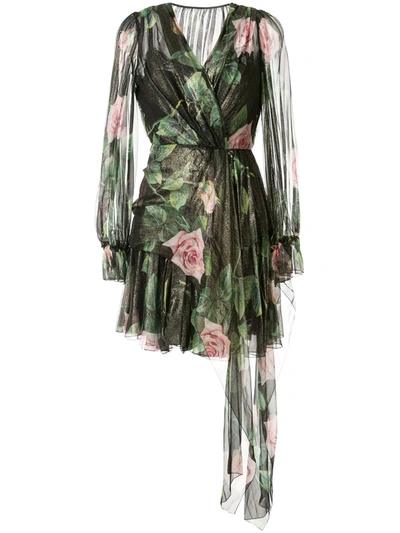 Dolce & Gabbana Short Tropical Rose Print Chiffon Lamé Dress In Black