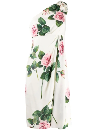 Dolce & Gabbana Tropical Rose Print One Shoulder Longuette Dress In Floral Print