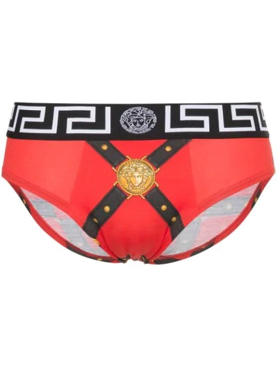 Versace Greca Border Harness Print Briefs In Red