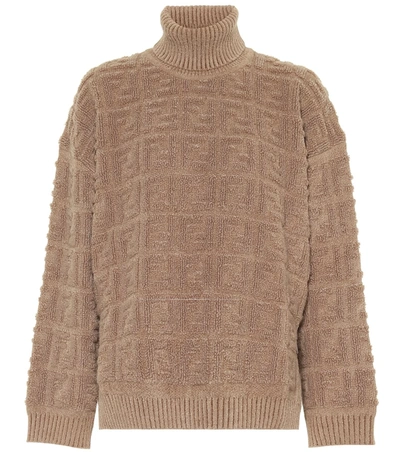 Fendi Double F Logo High/low Turtleneck Sweater In Beige