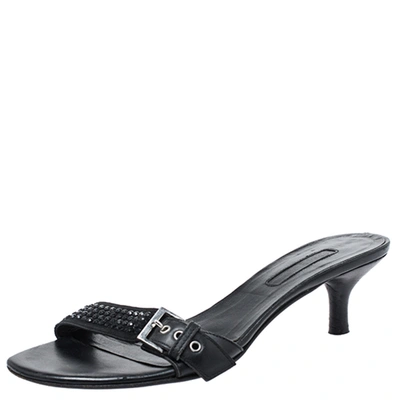 Pre-owned Cesare Paciotti Black Leather Crystal Embellished Buckle Detail Kitten Heel Mules Size 37