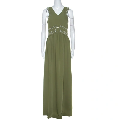 Pre-owned Tory Burch Green Crepe Embellished Luisa Sleeveless Gown M