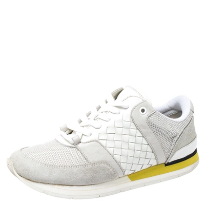 Pre-owned Bottega Veneta White Intrecciato Leather, Mesh And Suede Lace Up Sneakers Size 39.5