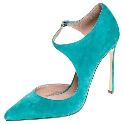 Pre-owned Sergio Rossi Aqua Blue Suede Mary Jane Ankle Strap Pumps Size 40