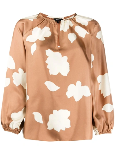 Theory Floral-printed Silk Puff Sleeve Blouse In Bright Camel