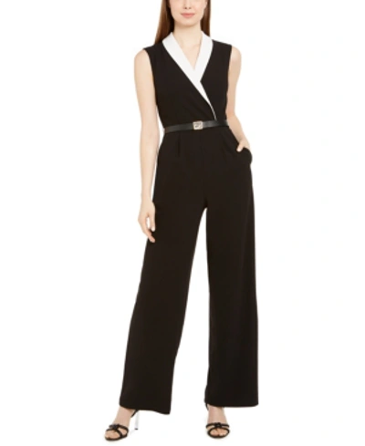 Calvin Klein Colorblocked Notch-collar Jumpsuit In Black/cream