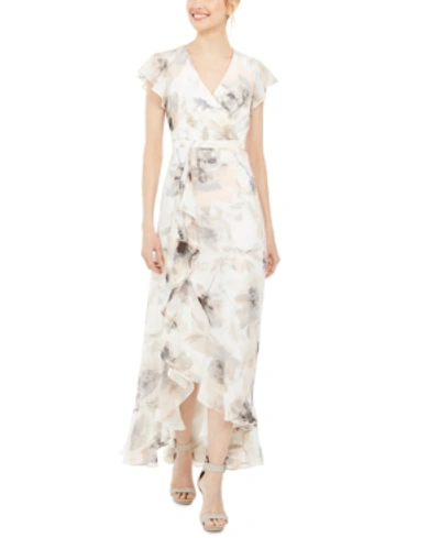 Calvin Klein Printed Chiffon Gown In Blossom Beige Floral