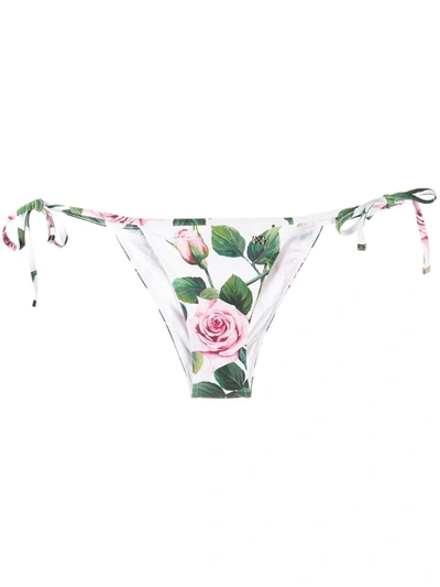 Dolce & Gabbana Rose Print Bikini Bottoms In White