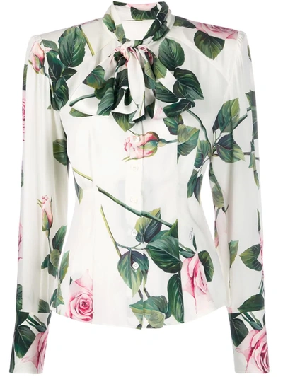 Dolce & Gabbana Floral Pussy Bow Blouse In White