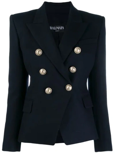 Balmain Double-breasted Tweed Blazer In Blue