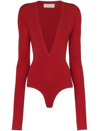 Alexandre Vauthier Square-shoulder V-neck Bodysuit In Red