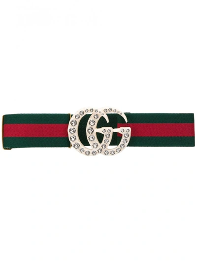 Gucci Cintura In Nastro Web Con Fibbia Gg In Cristalli In Green