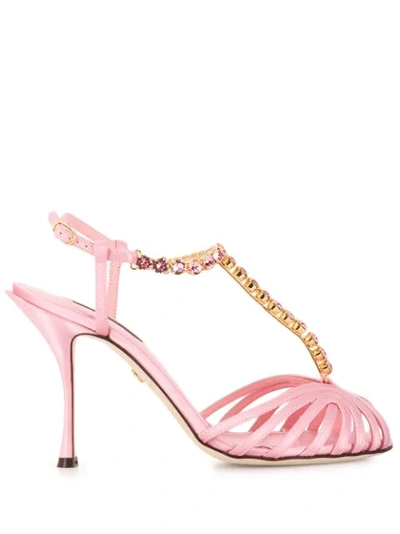 Dolce & Gabbana Crystal-embellished T-bar Sandals In Pink