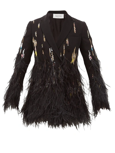 Valentino Double-breasted Feather-trimmed Crepe Jacket In Black Multi