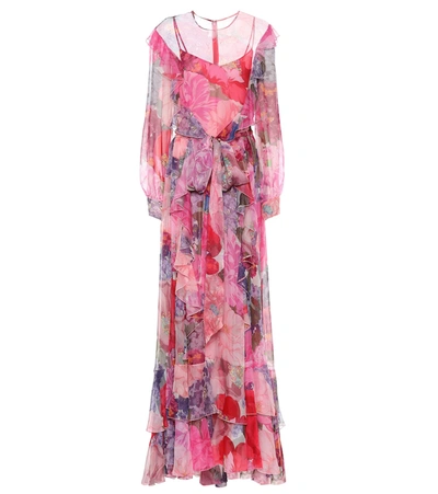 Valentino Floral-print Ruffled Belted Chiffon Gown In Multicolored