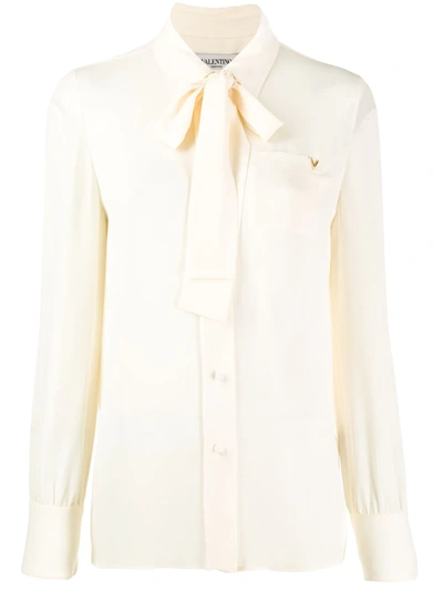 Valentino Pussy-bow V-gold Plaque Silk Blouse In Cream