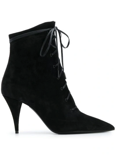 Saint Laurent Kiki Pointed Lace-up Suede Boots In Black