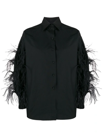 Valentino Feather-trimmed Cotton-blend Poplin Blouse In Black