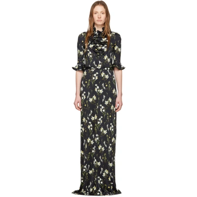 Erdem Farrell Belted Ruffled Floral-print Jersey Gown In Black And White