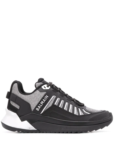 Balmain B-trail Leather And Glittered Mesh Sneakers In Blanc Noir Gris