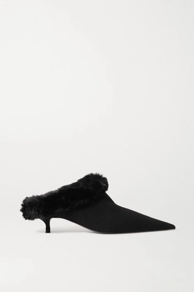 Balenciaga Knife Faux Fur-trimmed Stretch-knit Mules In Black
