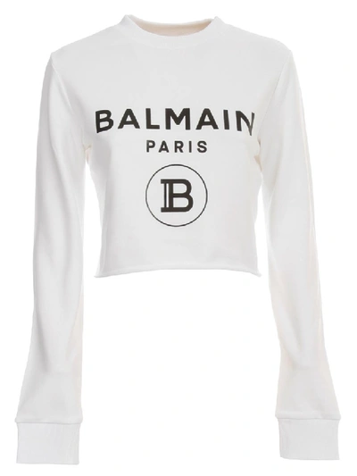 Balmain Sweatshirt Crew Neck Cropped W/logo In White