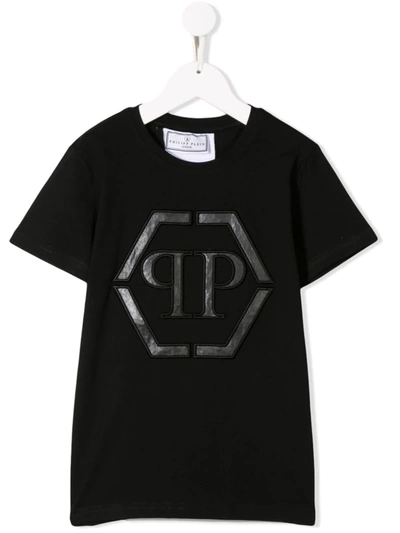 Philipp Plein Junior Kids' Ss Hexagon Round Neck T-shirt In Black/white