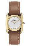 Ferragamo Salvatore Feragamo Vara Leather Strap Watch, 28mm X 34mm In Brown/ White Guilloche/ Gold