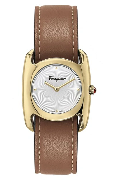 Ferragamo Salvatore Feragamo Vara Leather Strap Watch, 28mm X 34mm In Brown/ White Guilloche/ Gold